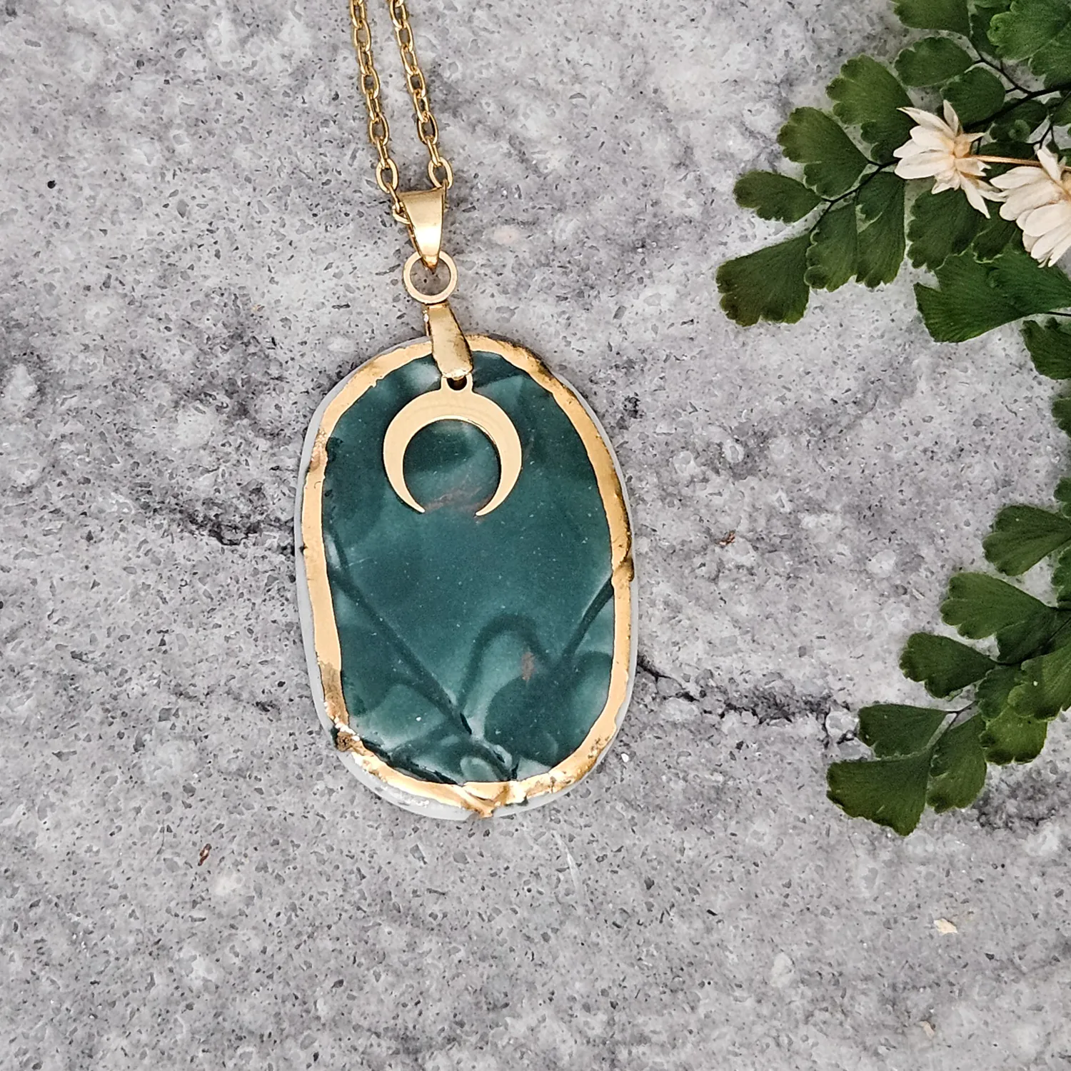 Emerald green fine ceramic porcelain designer necklace - embossed plant with 22k gold plating and moon pendant