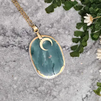 Emerald green fine ceramic porcelain designer necklace - embossed plant with 22k gold plating and moon pendant