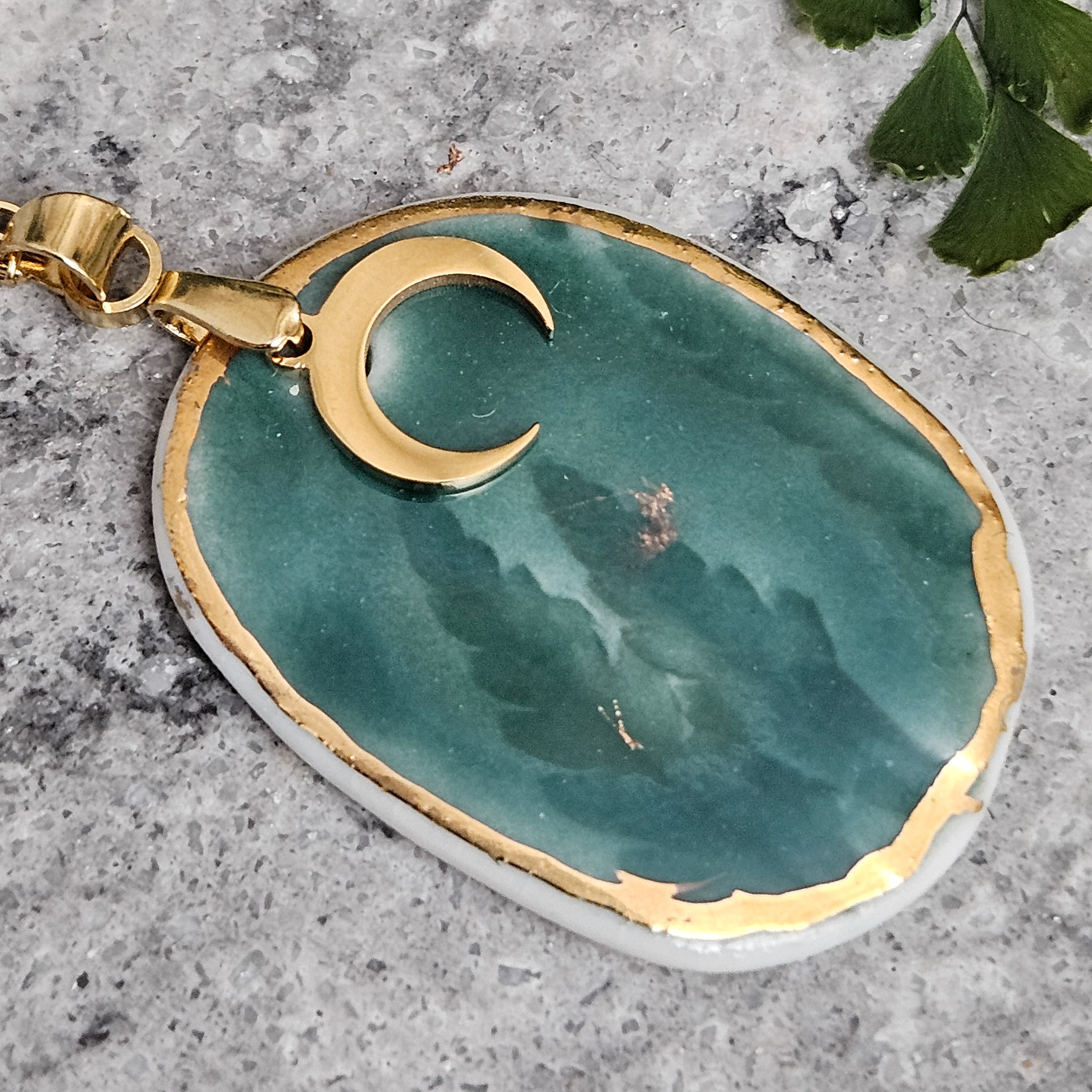 Emerald green fine ceramic porcelain designer necklace - embossed plant with 22k gold plating and moon pendant - Image 2