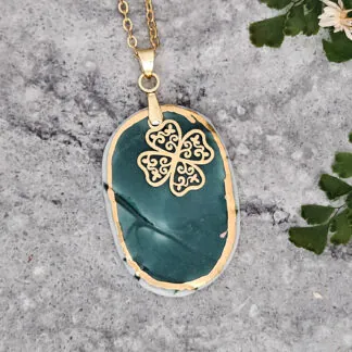 Emerald green fine ceramic porcelain designer necklace - embossed plant with 22k gold plating and clover pendant