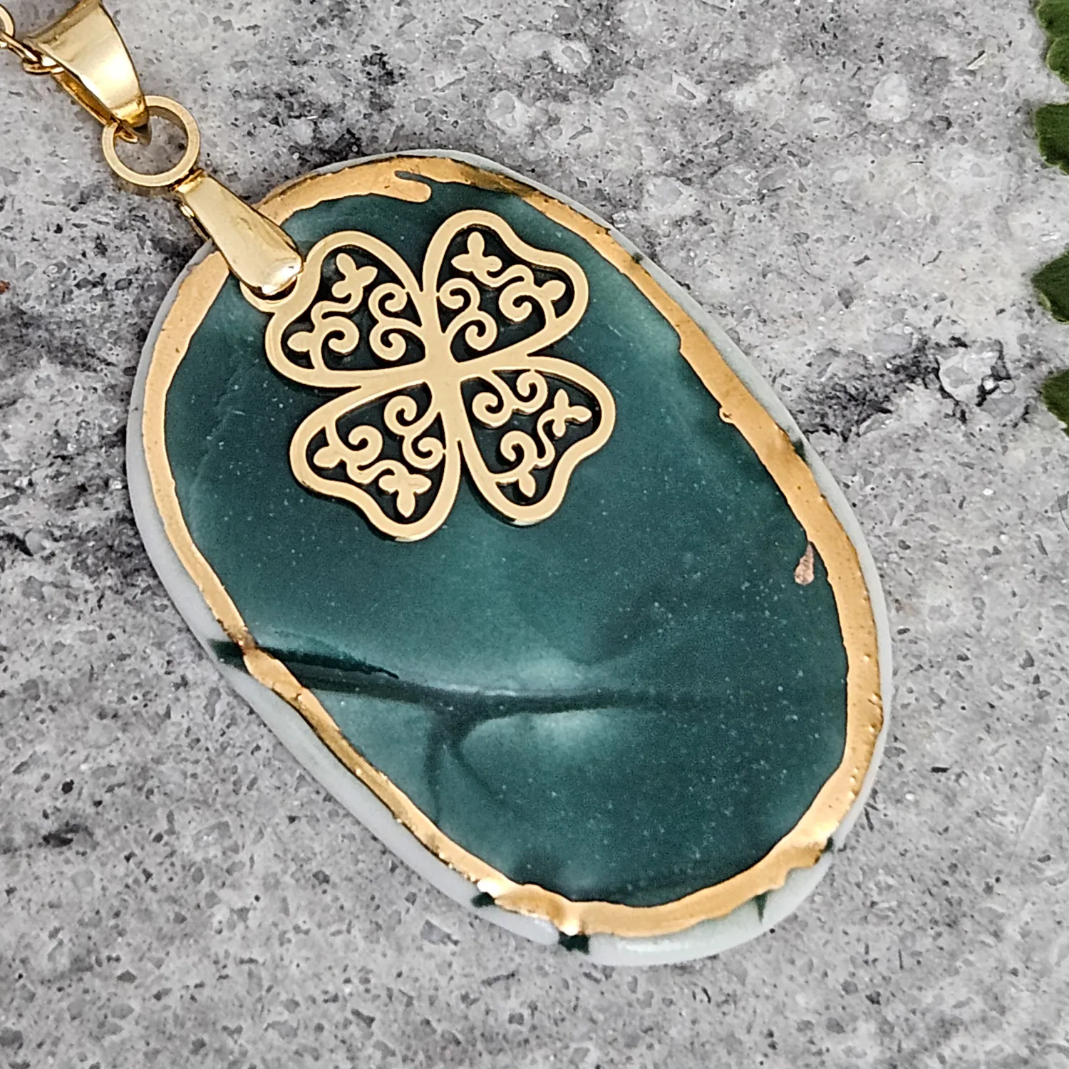 Emerald green fine ceramic porcelain designer necklace - embossed plant with 22k gold plating and clover pendant - Image 2