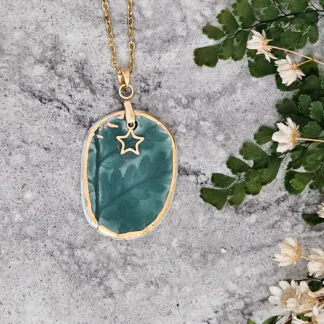 Emerald green fine ceramic porcelain designer necklace - embossed plant with 22k gold plating and star pendant