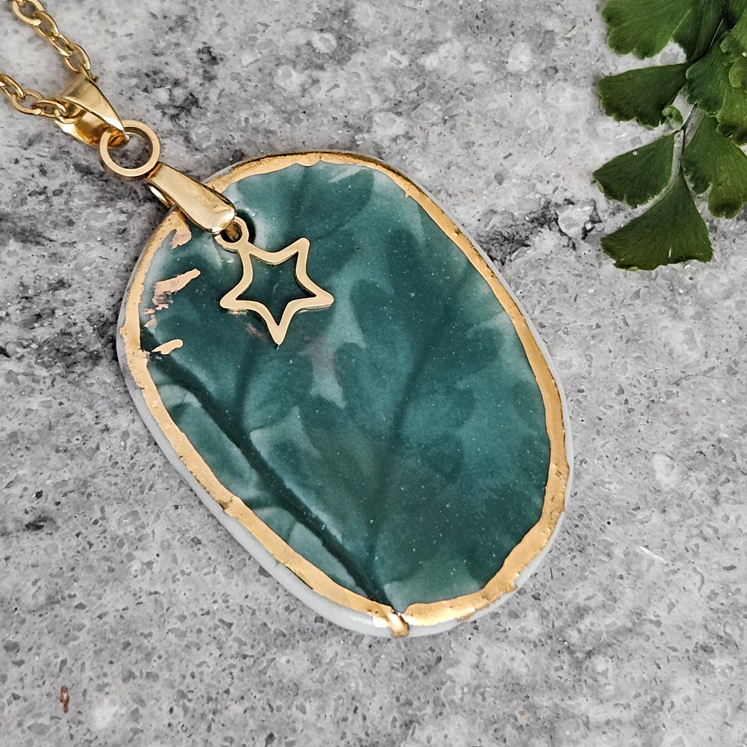 Emerald green fine ceramic porcelain designer necklace - embossed plant with 22k gold plating and star pendant - Image 2