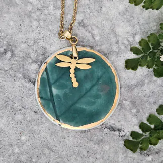 Emerald green fine ceramic porcelain designer necklace - embossed plant with 22k gold plating and dragonfly pendant