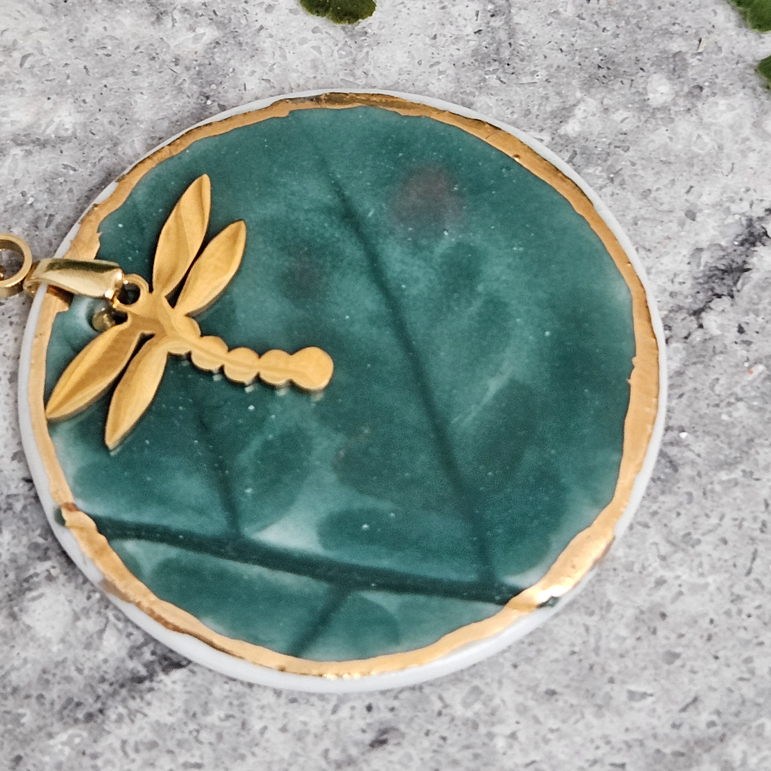 Emerald green fine ceramic porcelain designer necklace - embossed plant with 22k gold plating and dragonfly pendant - Image 2