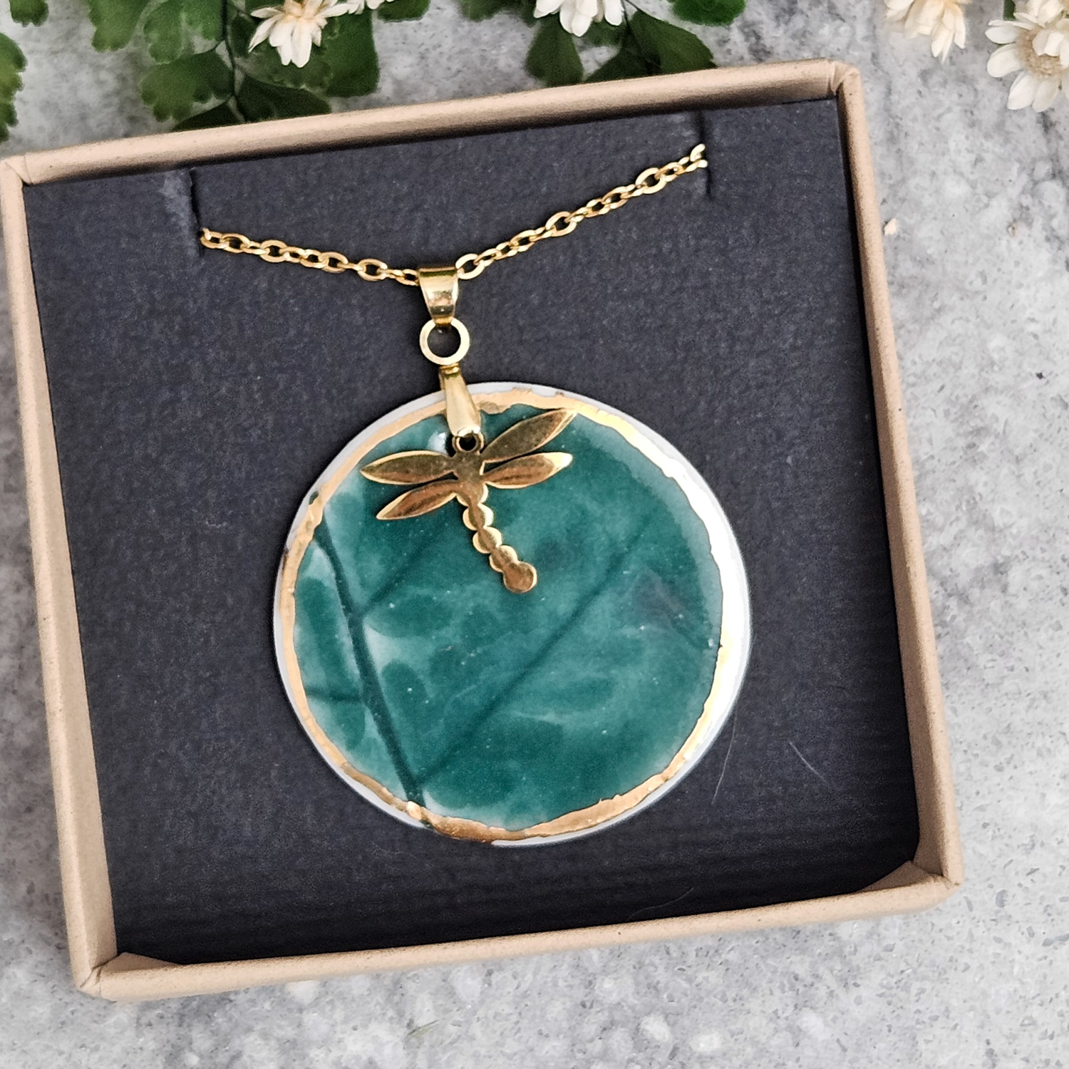 Emerald green fine ceramic porcelain designer necklace - embossed plant with 22k gold plating and dragonfly pendant - Image 4
