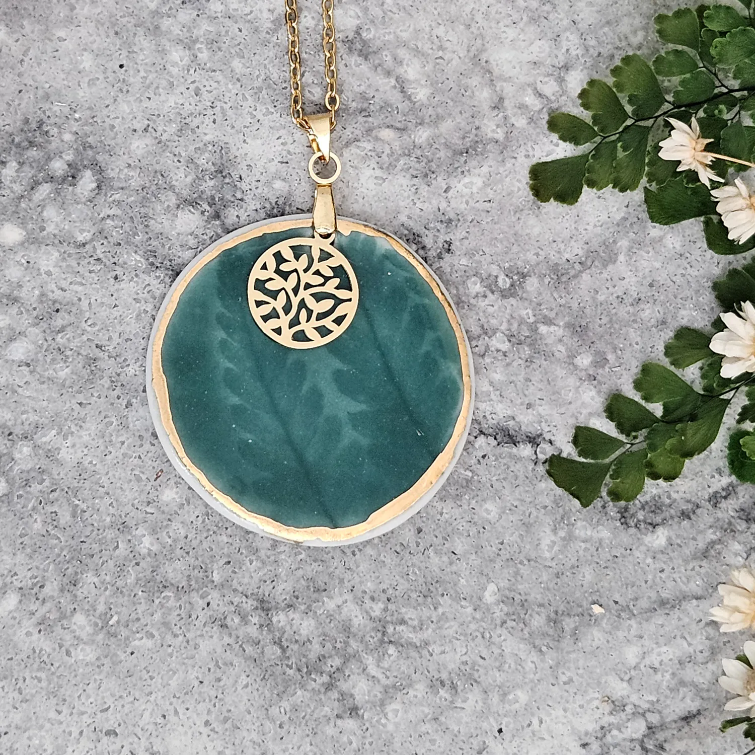 Emerald green fine ceramic porcelain designer necklace - embossed plant with 22k gold plating and round pendant with leaf pattern