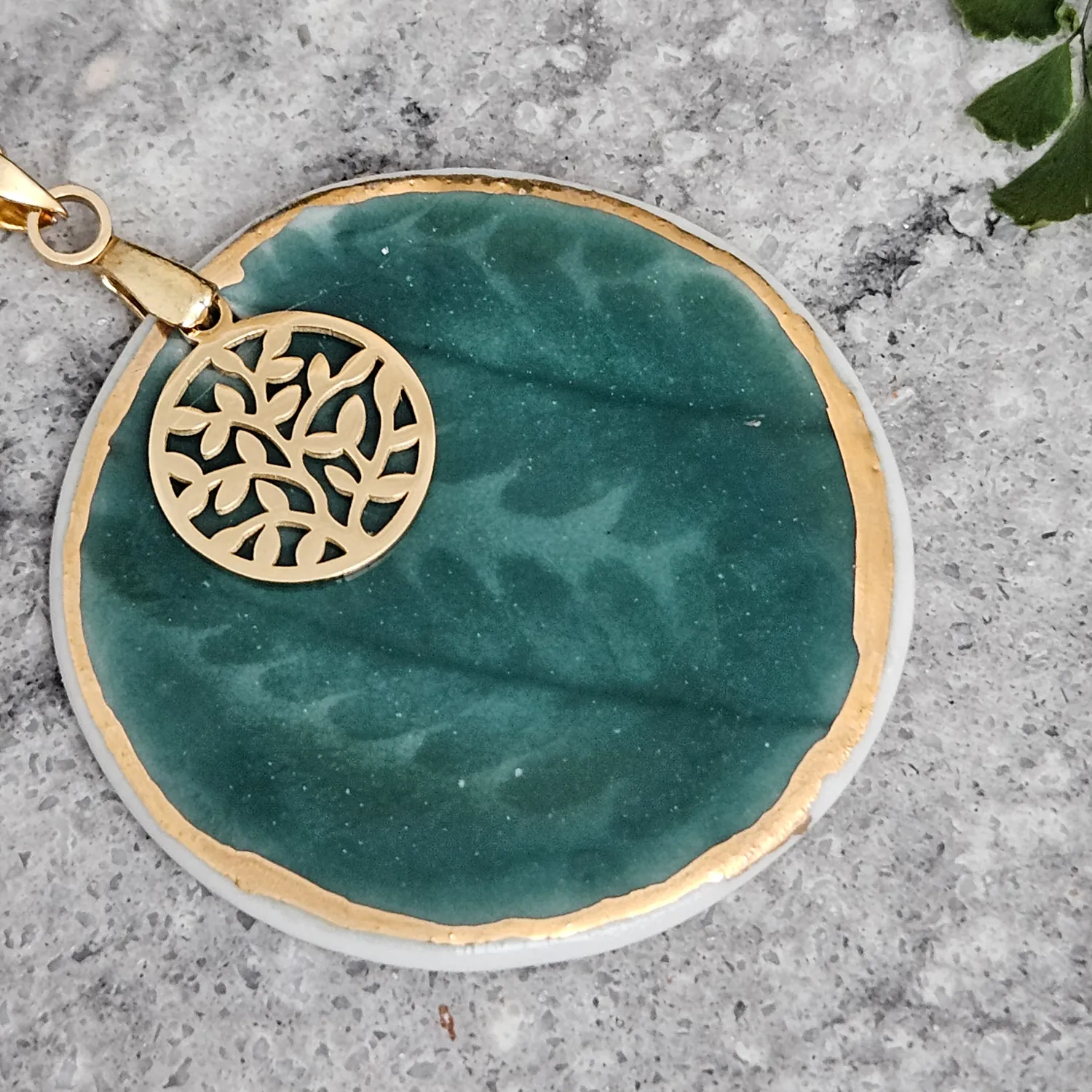 Emerald green fine ceramic porcelain designer necklace - embossed plant with 22k gold plating and round pendant with leaf pattern - Image 2
