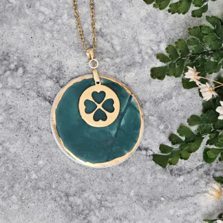 Emerald green fine ceramic porcelain designer necklace - embossed plant with 22k gold plating and clover pendant