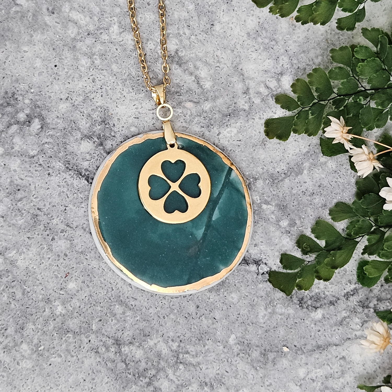 Emerald green fine ceramic porcelain designer necklace - embossed plant with 22k gold plating and clover pendant