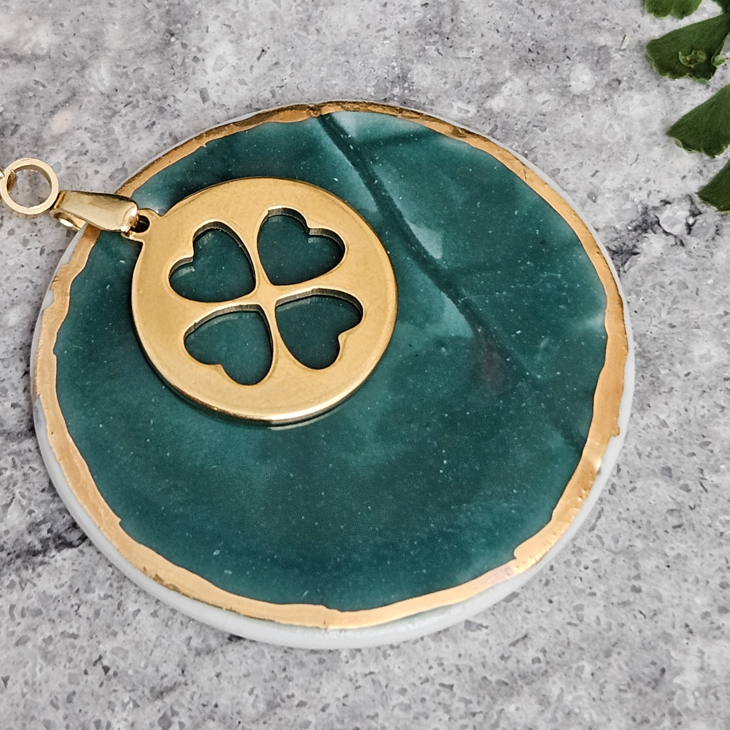 Emerald green fine ceramic porcelain designer necklace - embossed plant with 22k gold plating and clover pendant - Image 2