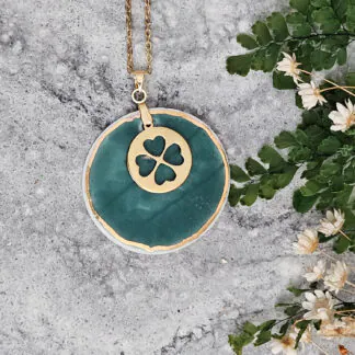 Emerald green fine ceramic porcelain designer necklace - embossed plant with 22k gold plating and clover pendant