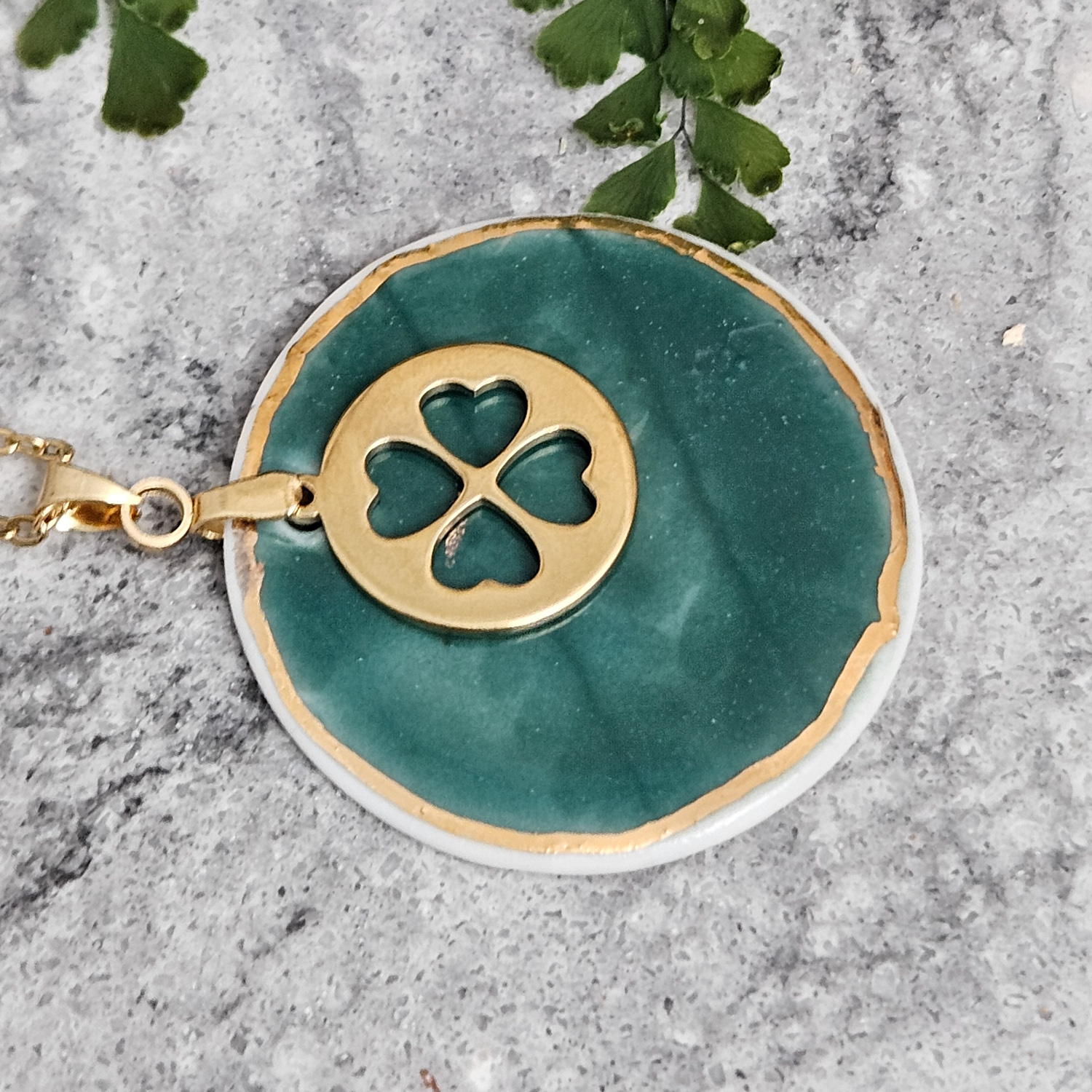 Emerald green fine ceramic porcelain designer necklace - embossed plant with 22k gold plating and clover pendant - Image 2