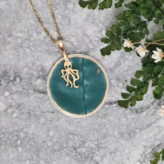 Emerald green fine ceramic porcelain designer necklace - embossed plant with 22k gold plating and octopus pendant