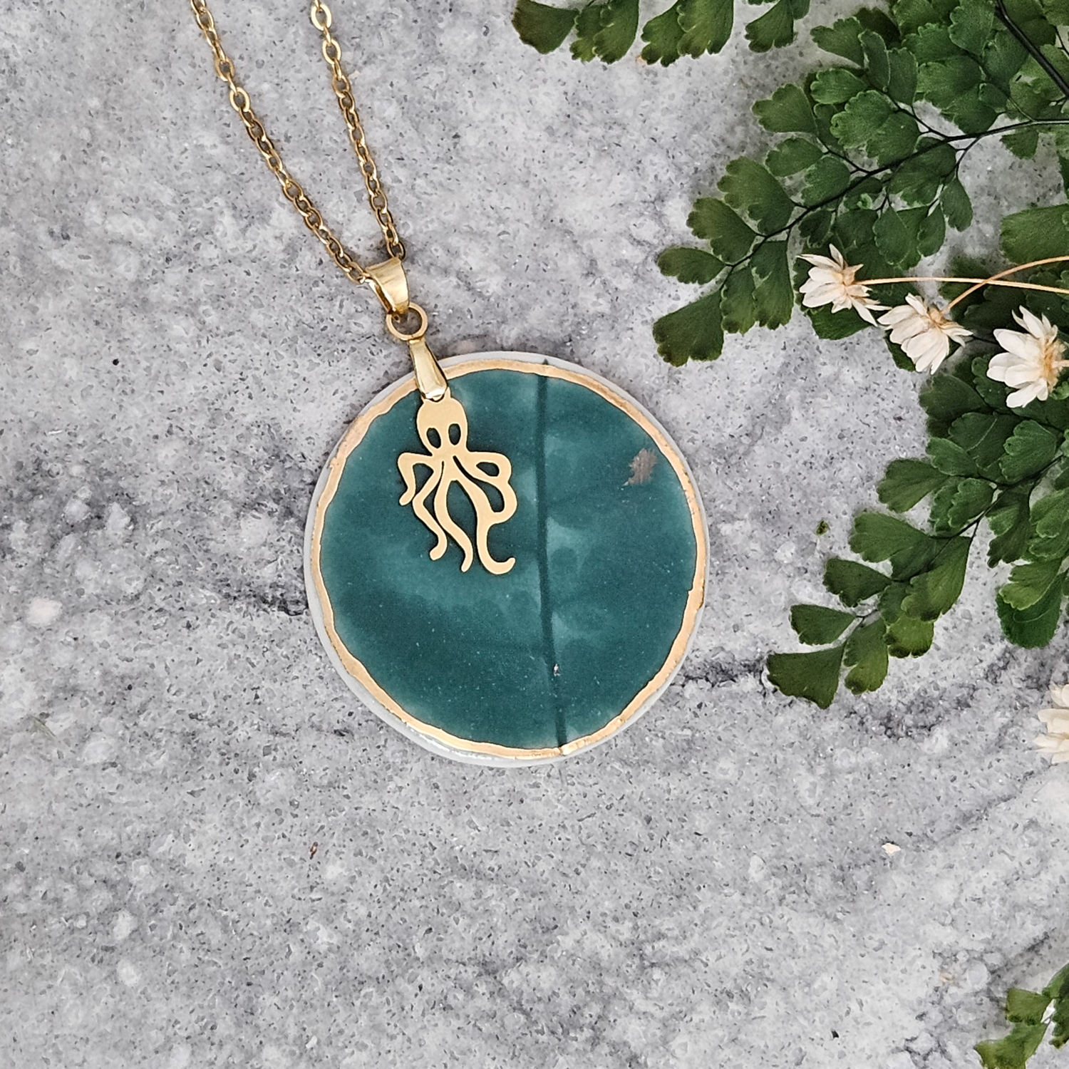 Emerald green fine ceramic porcelain designer necklace - embossed plant with 22k gold plating and octopus pendant