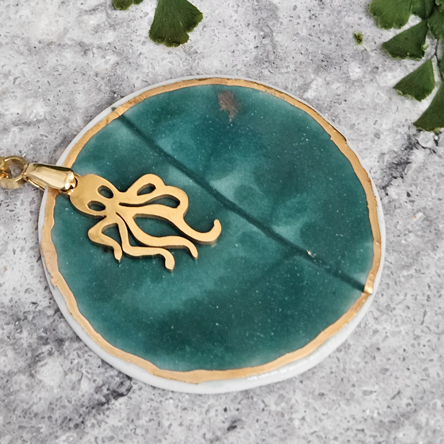 Emerald green fine ceramic porcelain designer necklace - embossed plant with 22k gold plating and octopus pendant - Image 2