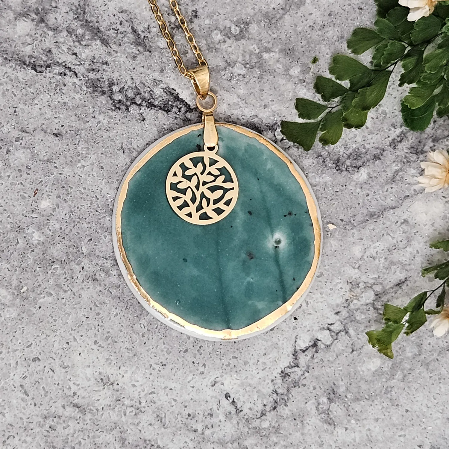 Emerald green fine ceramic porcelain designer necklace - embossed plant with 22k gold plating and round pendant with leaf pattern