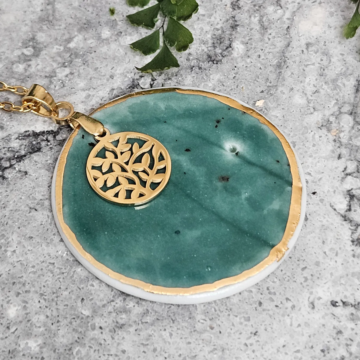Emerald green fine ceramic porcelain designer necklace - embossed plant with 22k gold plating and round pendant with leaf pattern - Image 2