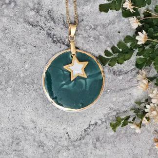 Emerald green fine ceramic porcelain designer necklace - embossed plant with 22k gold plating and star pendant