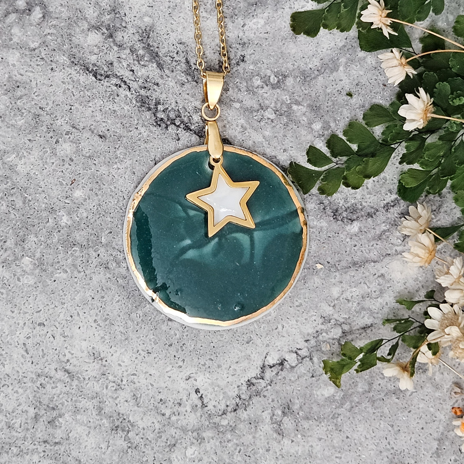 Emerald green fine ceramic porcelain designer necklace - embossed plant with 22k gold plating and star pendant