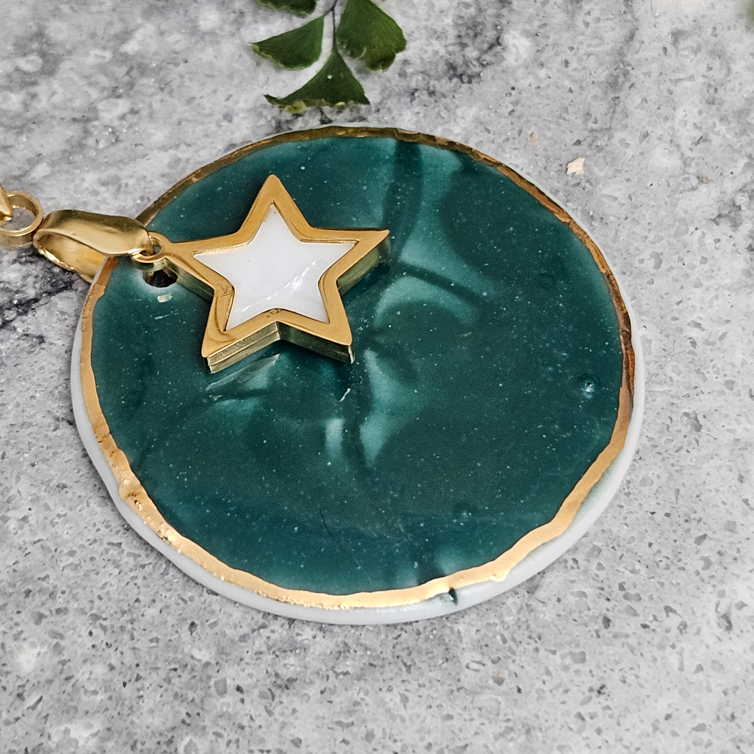 Emerald green fine ceramic porcelain designer necklace - embossed plant with 22k gold plating and star pendant - Image 2