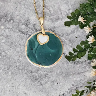 Emerald green fine ceramic porcelain designer necklace - embossed plant with 22k gold plating and heart pendant