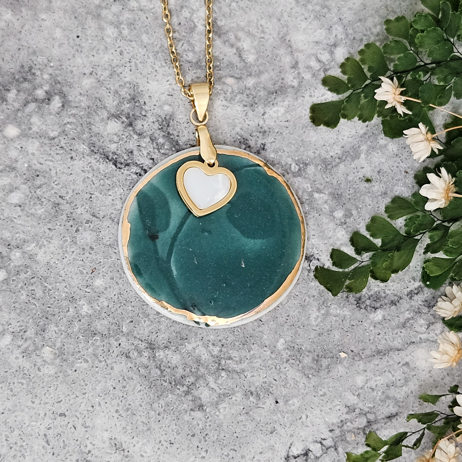 Emerald green fine ceramic porcelain designer necklace - embossed plant with 22k gold plating and heart pendant