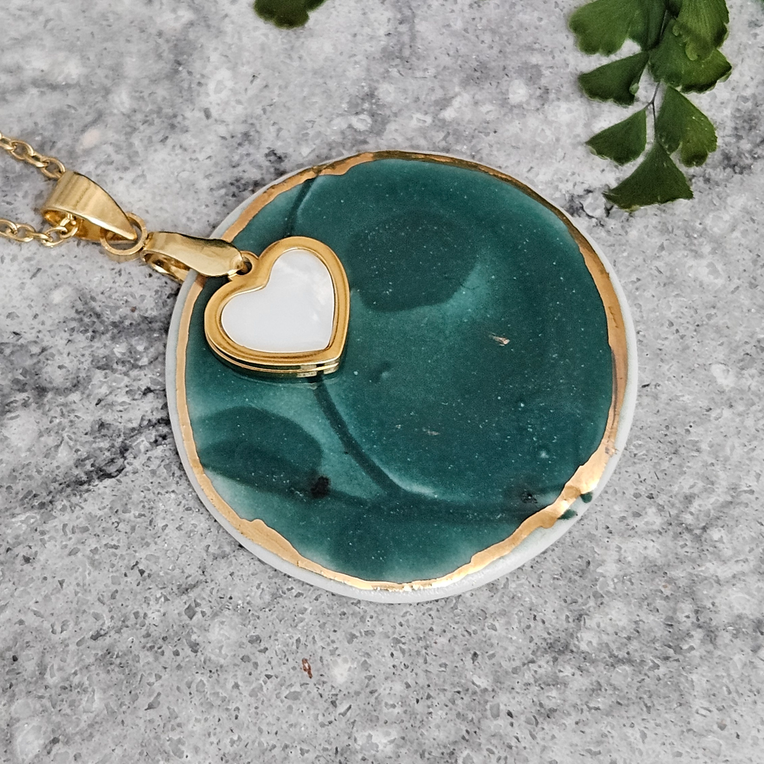 Emerald green fine ceramic porcelain designer necklace - embossed plant with 22k gold plating and heart pendant - Image 2