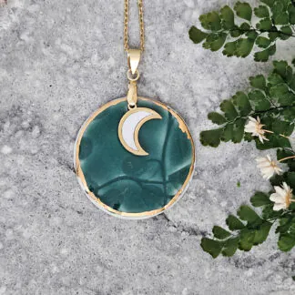 Emerald green fine ceramic porcelain designer necklace - embossed plant with 22k gold plating and moon pendant