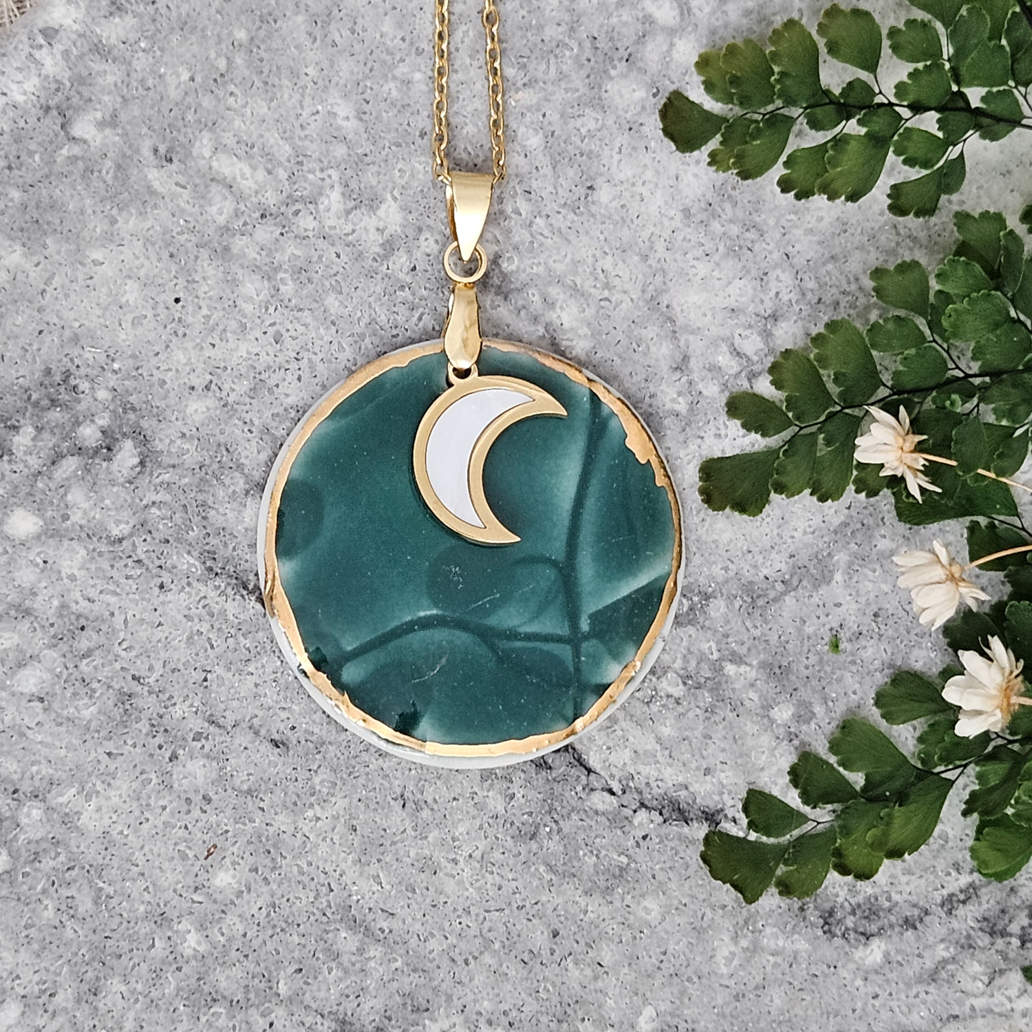 Emerald green fine ceramic porcelain designer necklace - embossed plant with 22k gold plating and moon pendant
