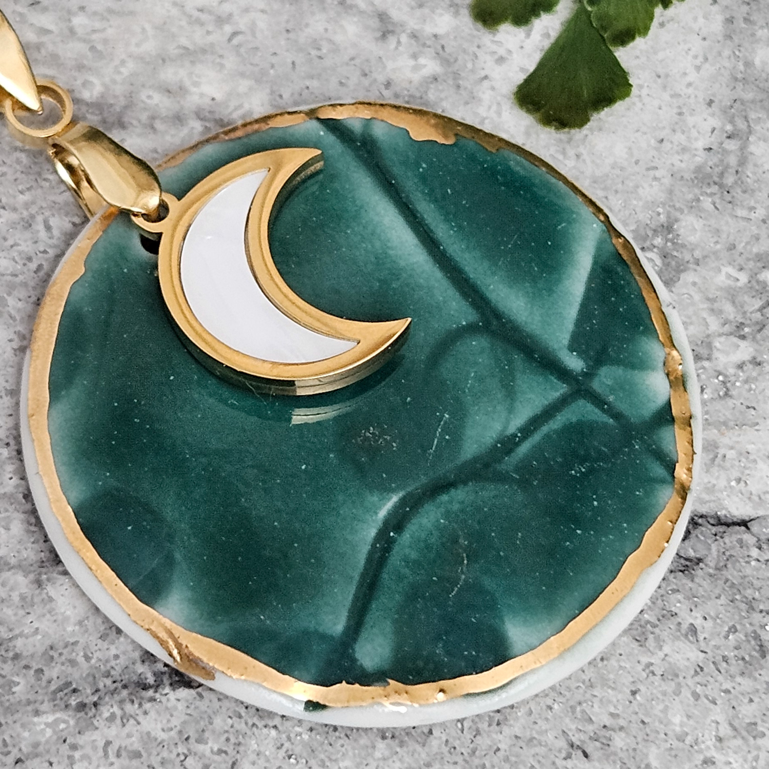 Emerald green fine ceramic porcelain designer necklace - embossed plant with 22k gold plating and moon pendant - Image 2