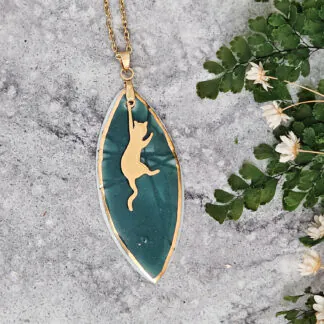 Emerald green fine ceramic porcelain designer necklace - embossed plant with 22k gold plating and cat pendant