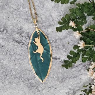 Emerald green fine ceramic porcelain designer necklace - embossed plant with 22k gold plating and cat pendant