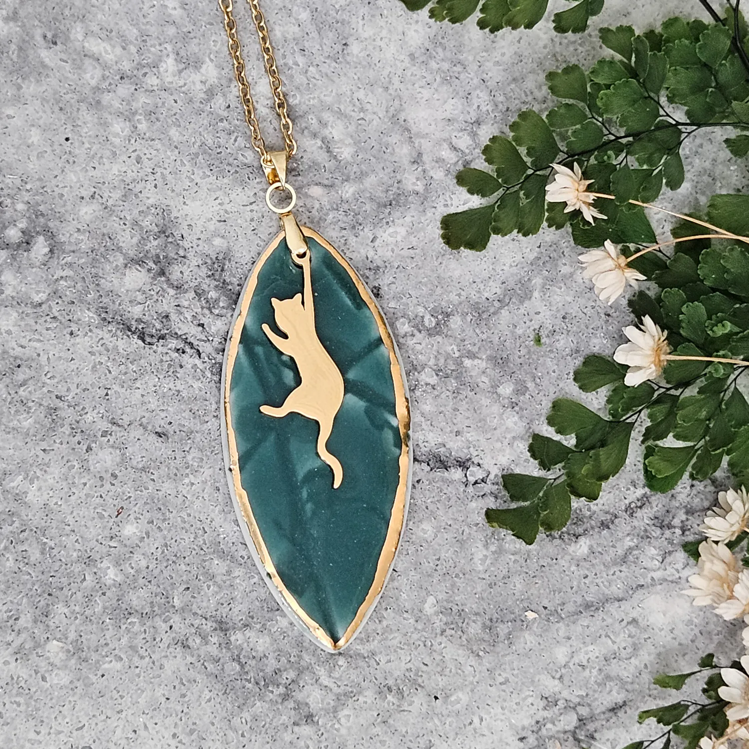 Emerald green fine ceramic porcelain designer necklace - embossed plant with 22k gold plating and cat pendant