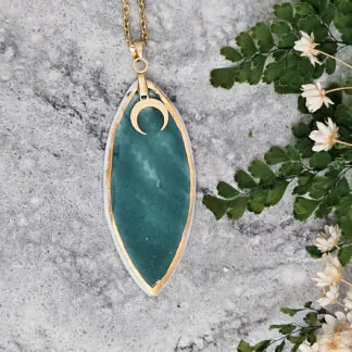 Emerald green fine ceramic porcelain designer necklace - embossed plant with 22k gold plating and moon pendant