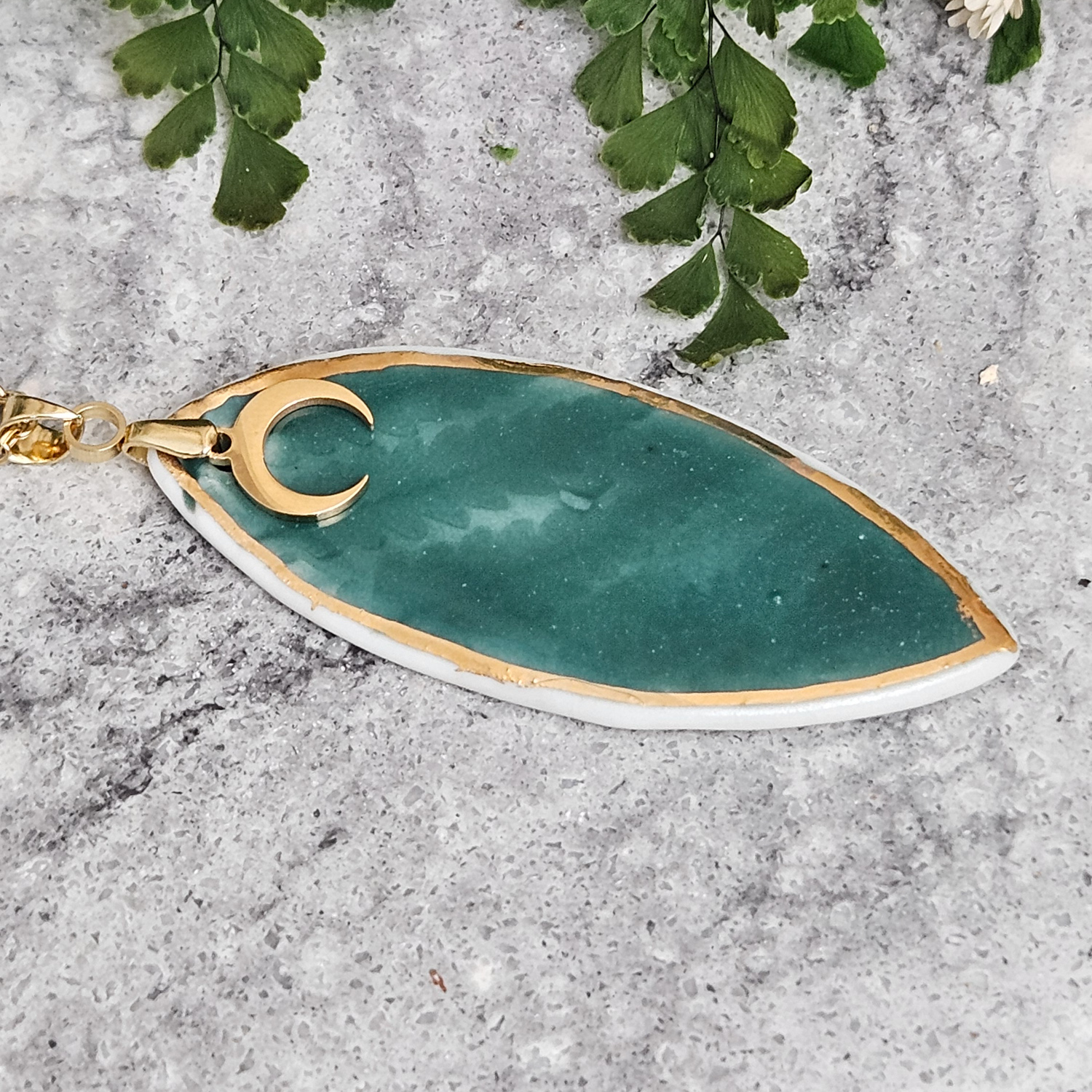 Emerald green fine ceramic porcelain designer necklace - embossed plant with 22k gold plating and moon pendant - Image 2