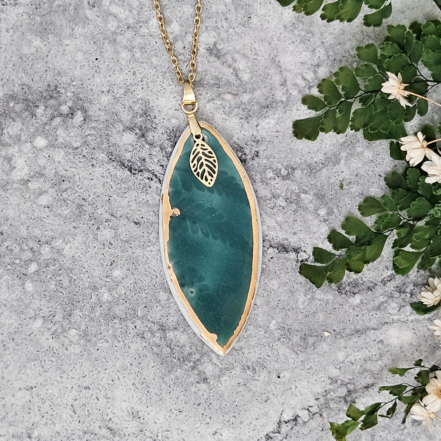 Emerald green fine ceramic porcelain designer necklace - embossed plant with 22k gold plating and leaf pendant