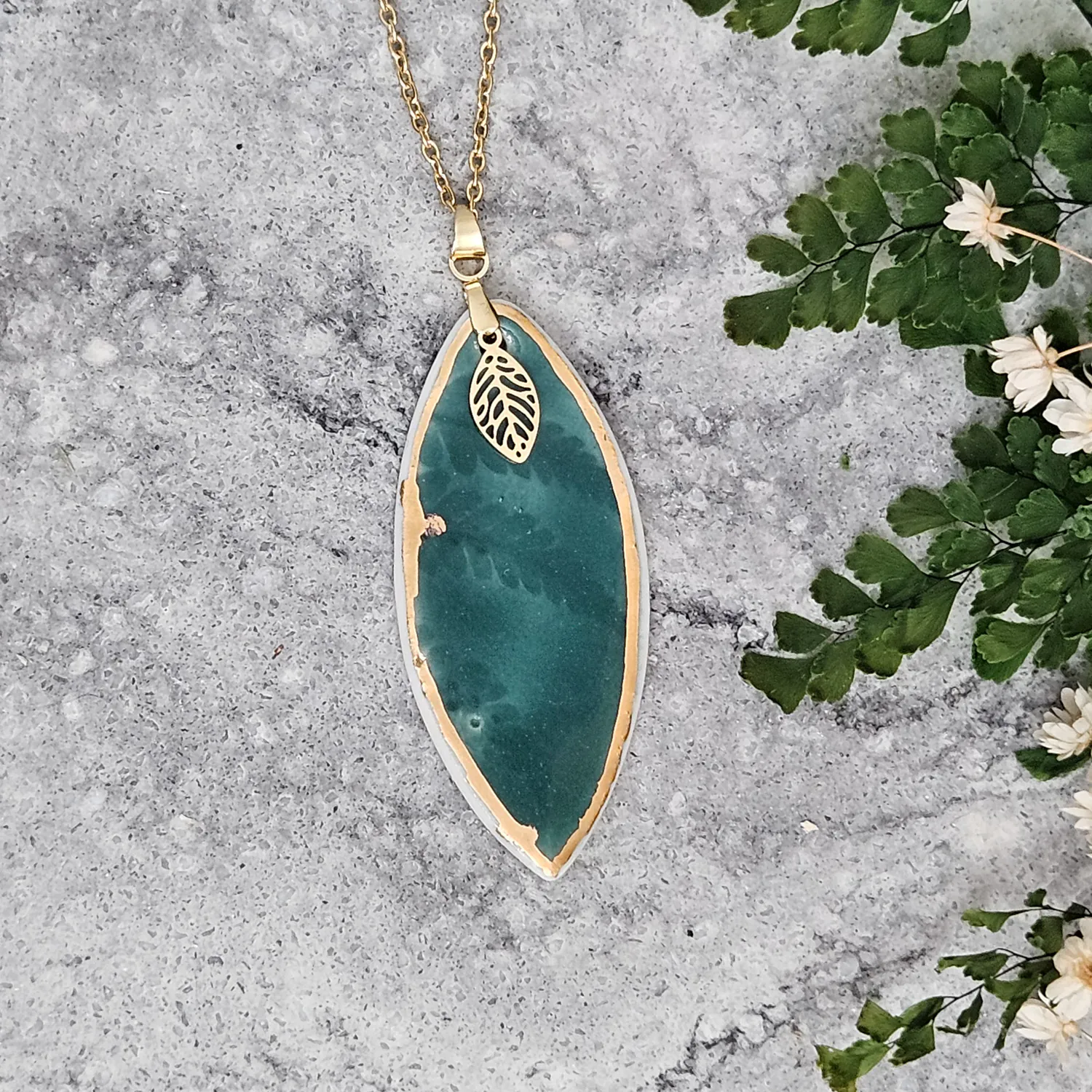 Emerald green fine ceramic porcelain designer necklace - embossed plant with 22k gold plating and leaf pendant