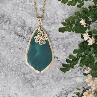 Emerald green fine ceramic porcelain designer necklace - embossed plant with 22k gold plating and clover pendant