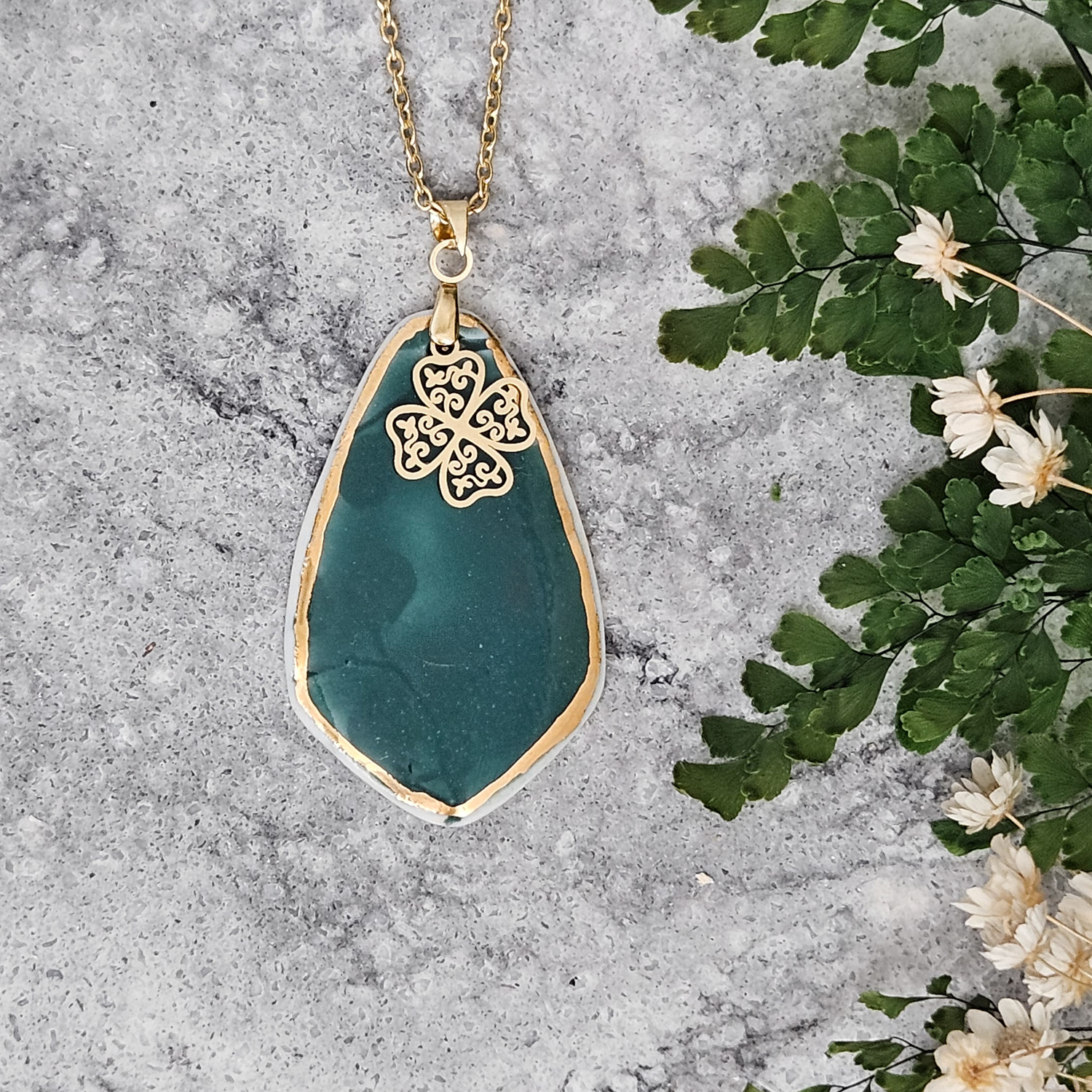 Emerald green fine ceramic porcelain designer necklace - embossed plant with 22k gold plating and clover pendant