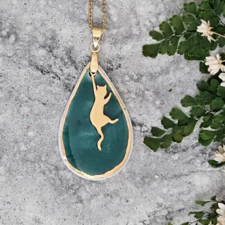Emerald green fine ceramic porcelain designer necklace - embossed plant with 22k gold plating and cat pendant