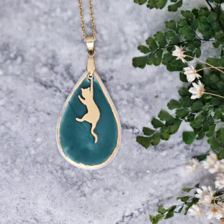 Emerald green fine ceramic porcelain designer necklace - embossed plant with 22k gold plating and cat pendant