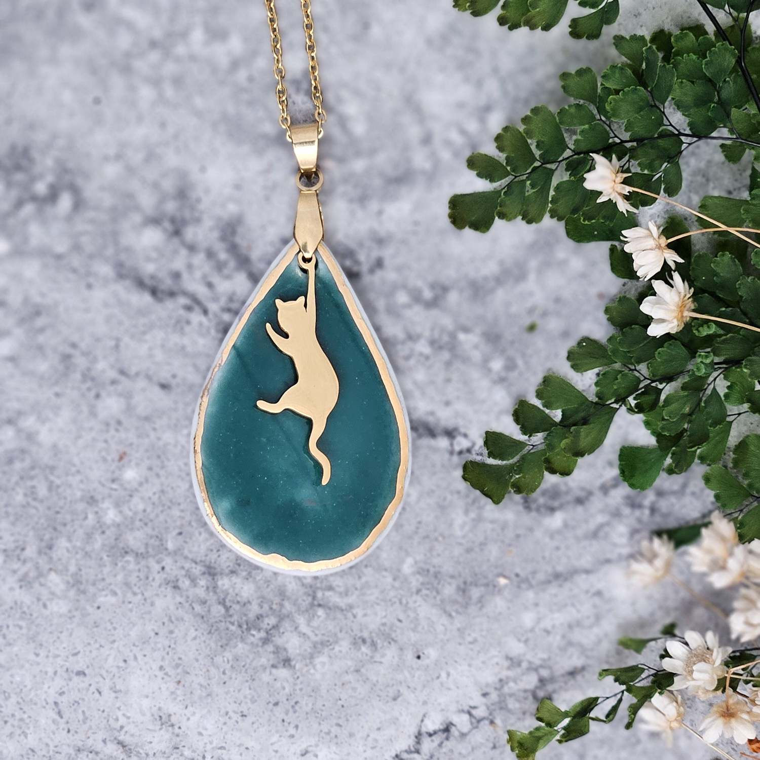 Emerald green fine ceramic porcelain designer necklace - embossed plant with 22k gold plating and cat pendant