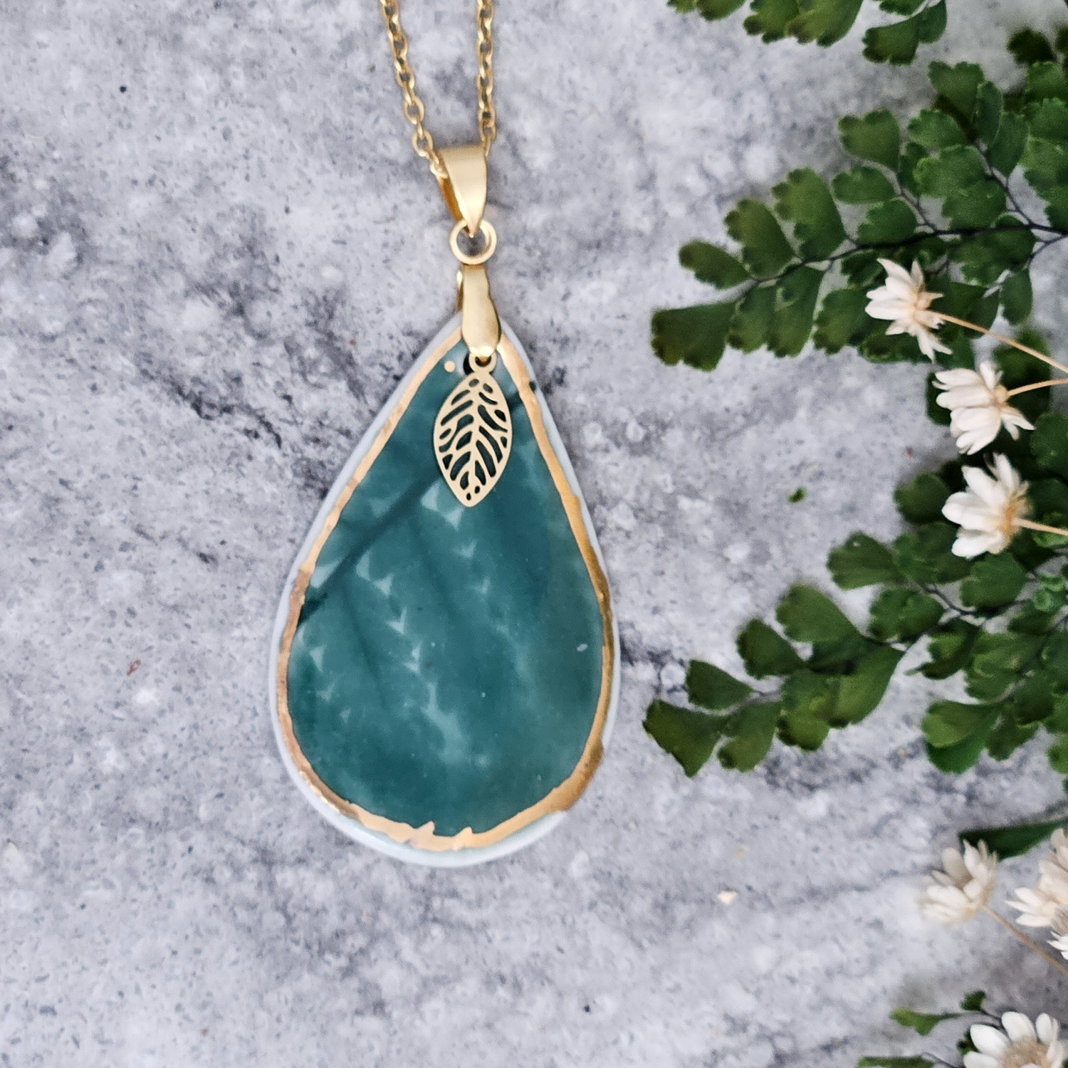Green porcelain necklace - embossed plant with gold and leaf pendant