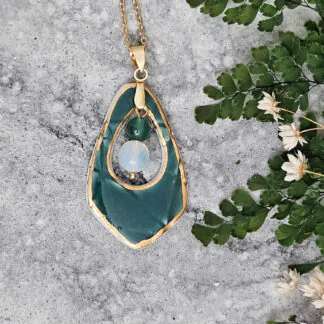 Emerald green fine ceramic porcelain designer necklace - embossed plant with 22k gold plating, opal, and agate