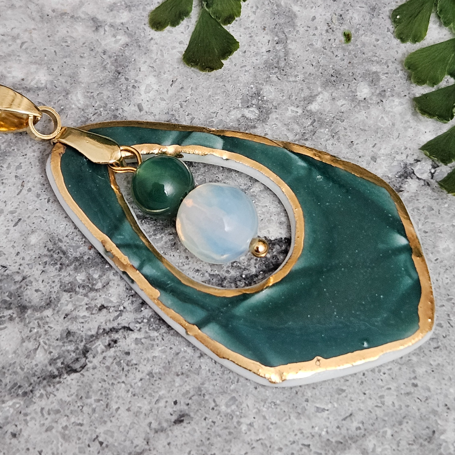Emerald green fine ceramic porcelain designer necklace - embossed plant with 22k gold plating, opal, and agate - Image 2