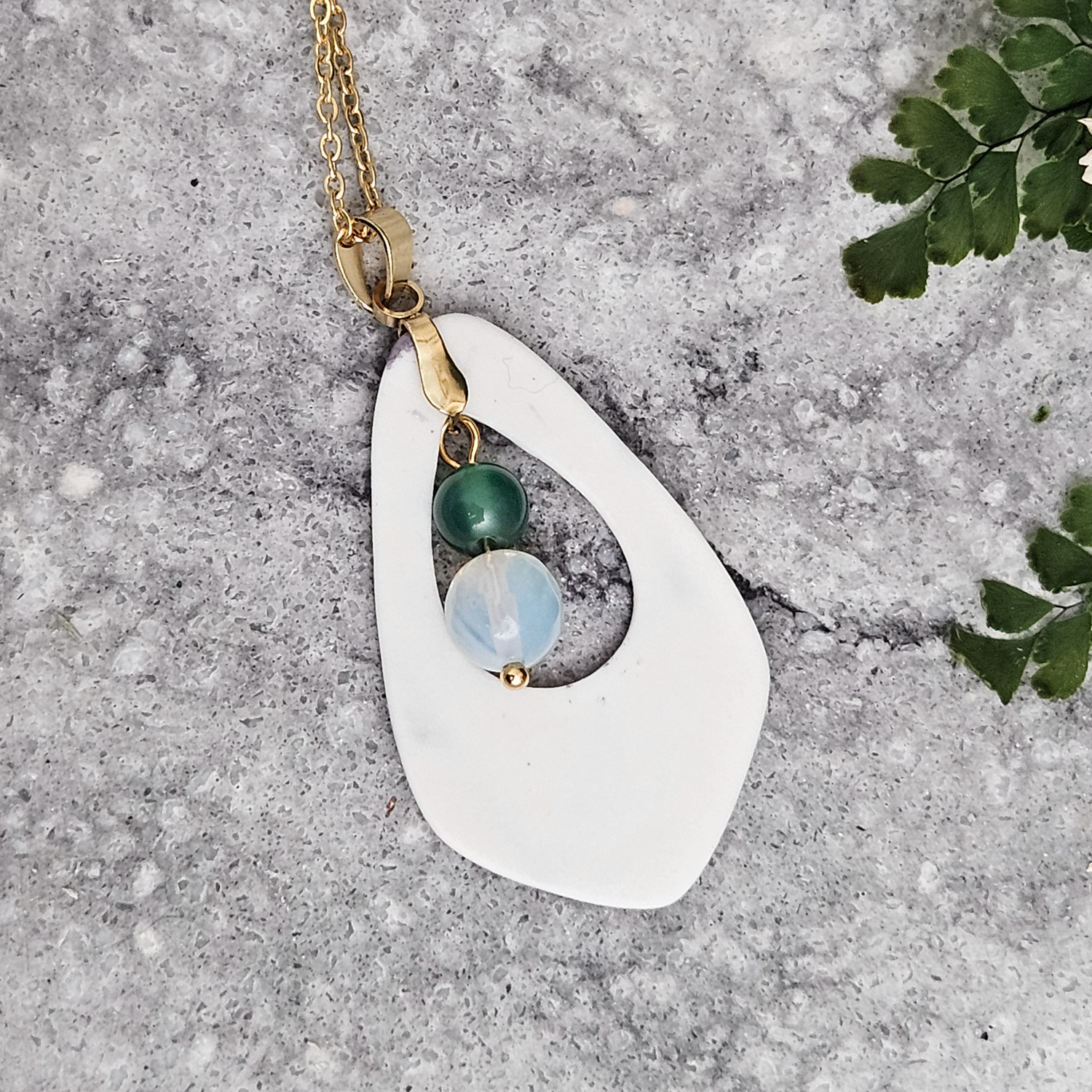Emerald green fine ceramic porcelain designer necklace - embossed plant with 22k gold plating, opal, and agate - Image 3