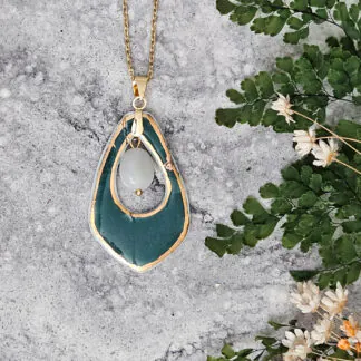 Emerald green fine ceramic porcelain designer necklace - embossed plant with 22k gold plating and moonstone