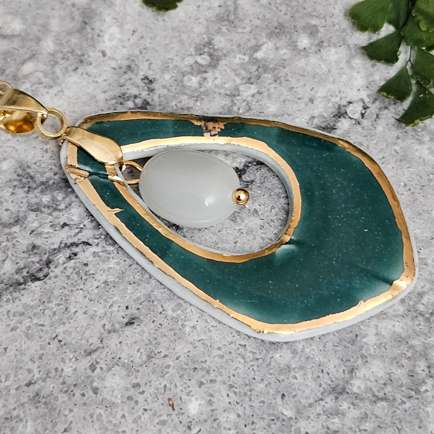 Emerald green fine ceramic porcelain designer necklace - embossed plant with 22k gold plating and moonstone - Image 2