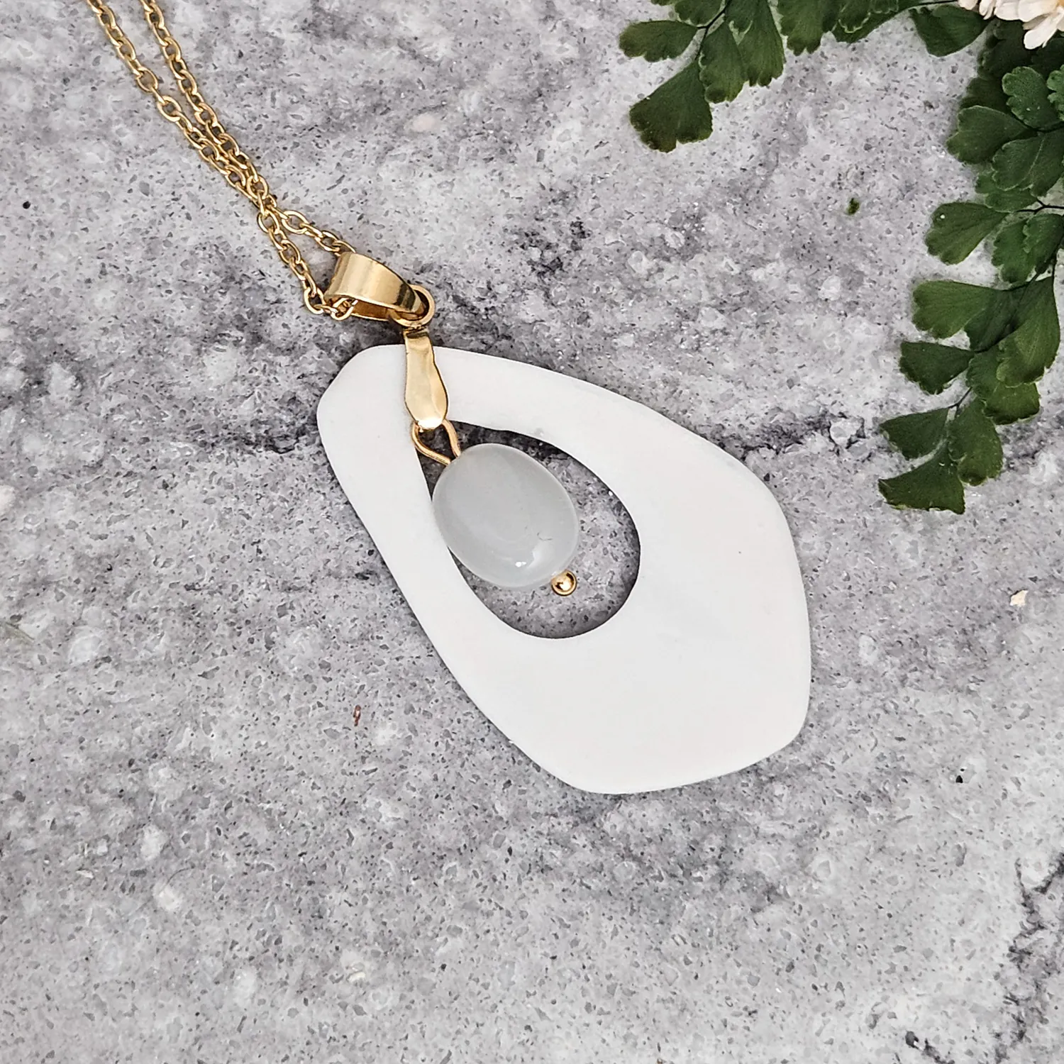 Emerald green fine ceramic porcelain designer necklace - embossed plant with 22k gold plating and moonstone - Image 3